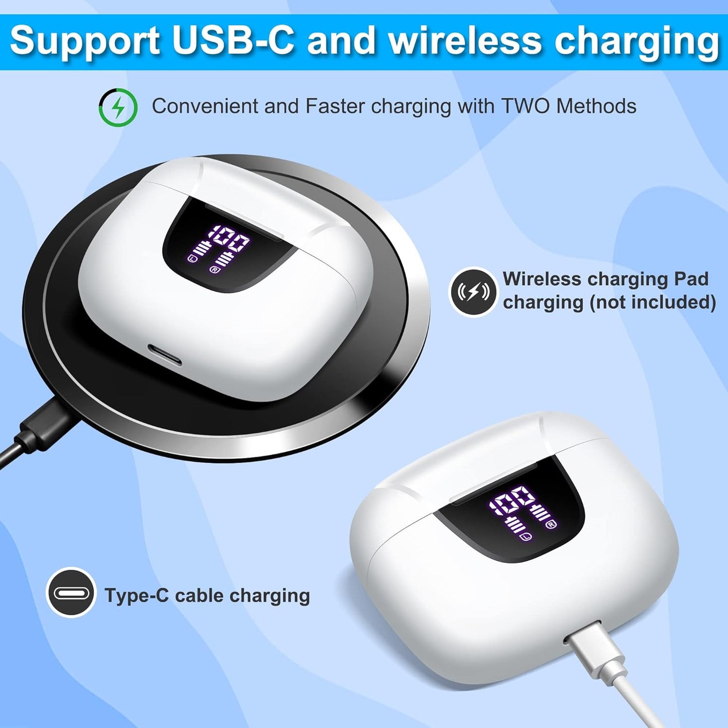 Wireless Earbuds 76Hrs Playtime Ear Buds with LED Power Display Charging Case Stereo Waterproof Sports Headset with Mic for Phone Laptop