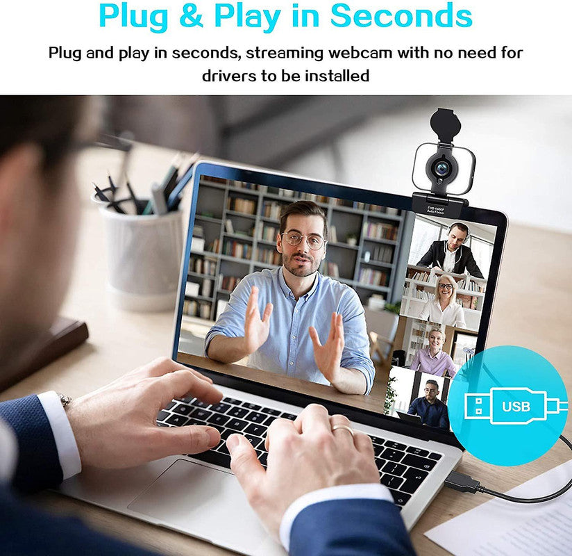 1080P Webcam, Ring Light, Microphone, Privacy Cover, Tripod (Black) - Chronus