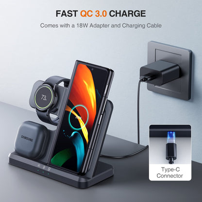 Samsung Wireless Charger 3 in 1 Charging Station Galaxy Watch Charger for Samsung S24 Ultra Plus S23 S22 S21 S20 Z Fold Flip6/5/4/3(Black)