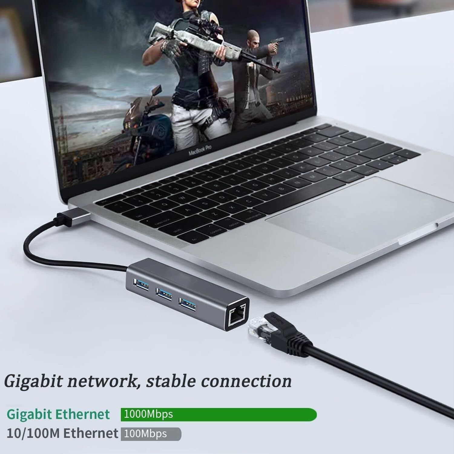 USB to Ethernet Adapter, USB 3.0 Hub with 1 Gigabit RJ45 Ethernet Port Network USB Network Adapter with USB C Adapter for Laptop(Gray) - Chronus