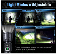 Rechargeable Flashlights High Lumens 90000LM Super Bright Flashlight Zoomable Waterproof Handheld Flashlights for Emergencies (Black) - Chronus