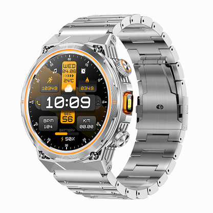 Silver smartwatch with a digital display on a white background
