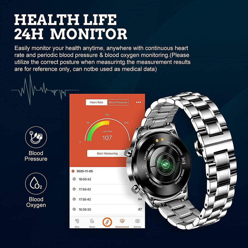 Smart Watch Men, 1.3 "Inch Touchscreen Phone Watch Men Smart Watch with Heart Rate Sleep Monitor Activity Tracker IP67 Waterproof Stainless Steel Band StopWatch for IOS Android(silver)