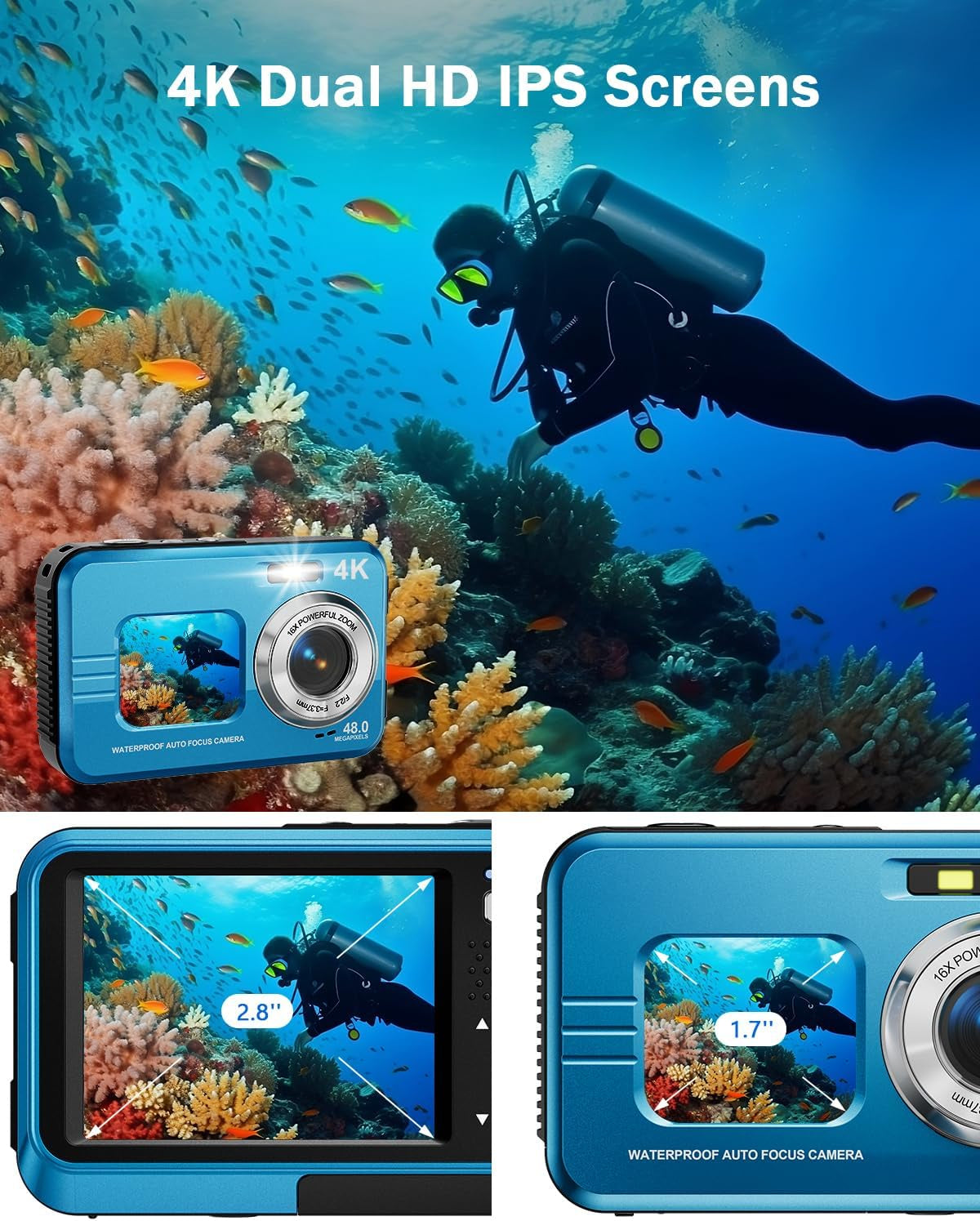 Underwater Camera, 4K Waterproof Camera, 48MP Autofocus Selfie Dual Screens, 11FT Waterproof Camera for Snorkeling, Compact Portable Digital Camera, 2 Batteries - Chronus
