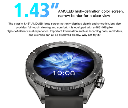 Smart Watch 1.43-inch AMOLED Large Screen, IP68 Waterproof, Women's Health Reminder, Chat-GPT