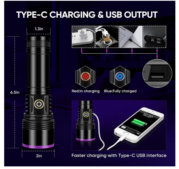 30W 365nm UV Torch Light USB Rechargeable Black Light Torches High Power UV Light for Resin Curing,Pet Urine Detection,Bed Bugs(Black) - Chronus