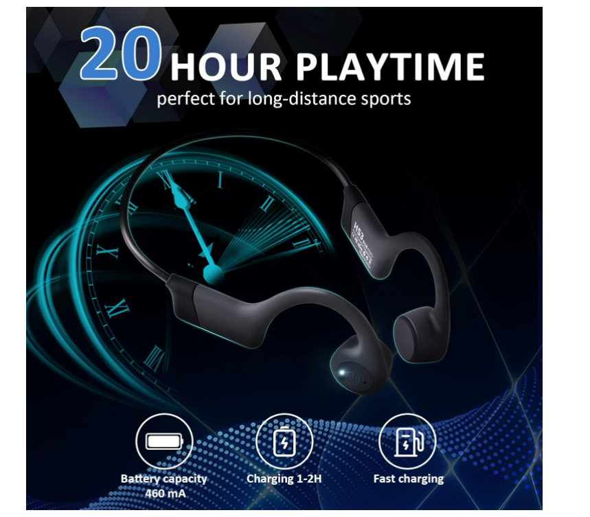 Bone Conduction Headphones, Open Ear Bluetooth, Waterproof, 20H Playtime (Black)