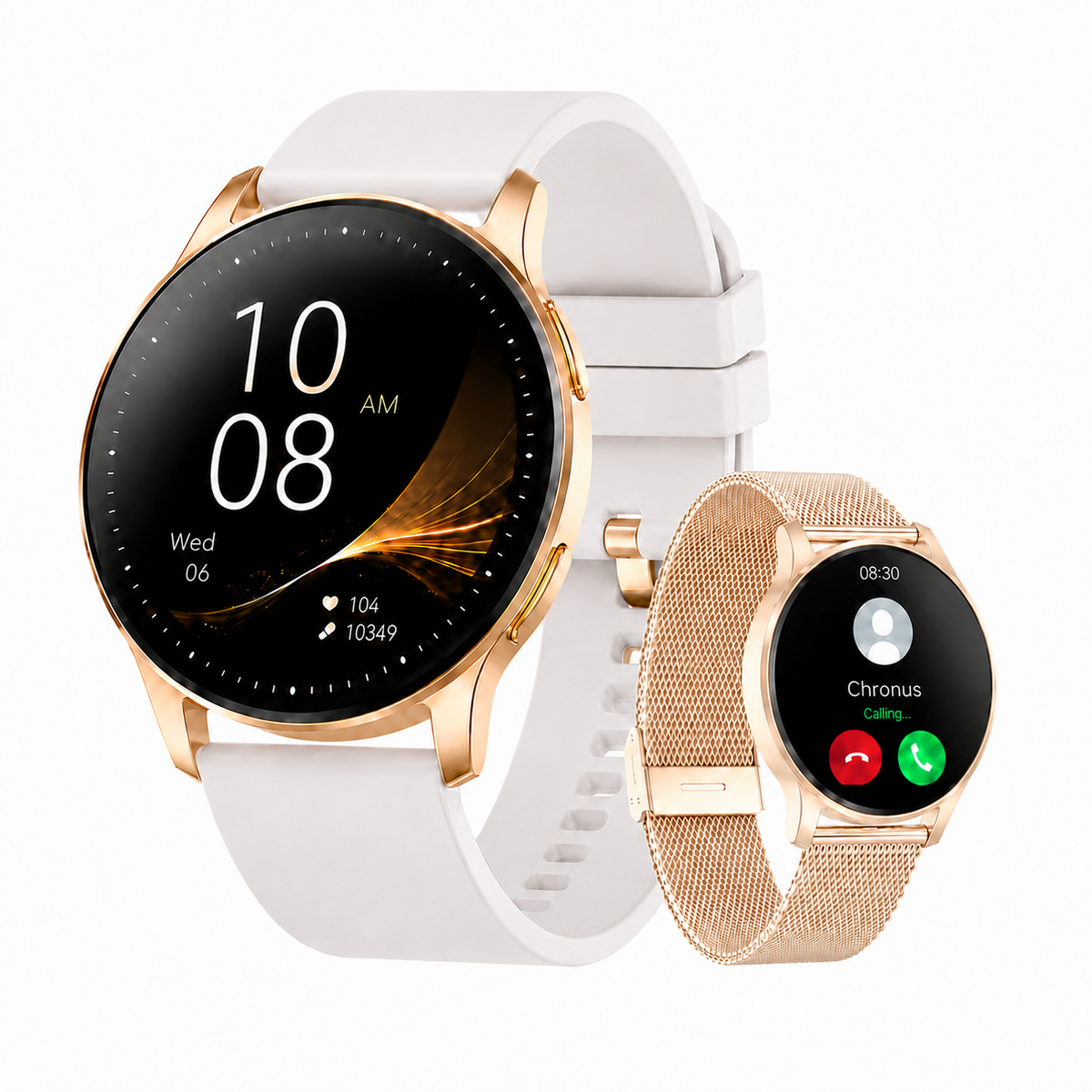 Chronus I50 women's smartwatch with gold case white silicone strap and rose gold mesh strap showing Bluetooth calling