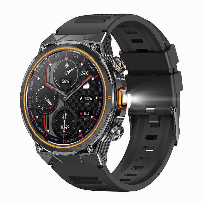 Black smartwatch with detailed display on a white background