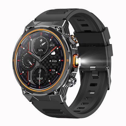Black smartwatch with detailed display on a white background