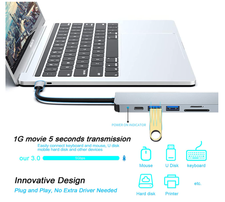 USB C HUB, Multiport USB C Adapter for Macbook Pro Air Accessories, 6 in 1 Dongle HUB with 4K HDMI, sliver - Chronus
