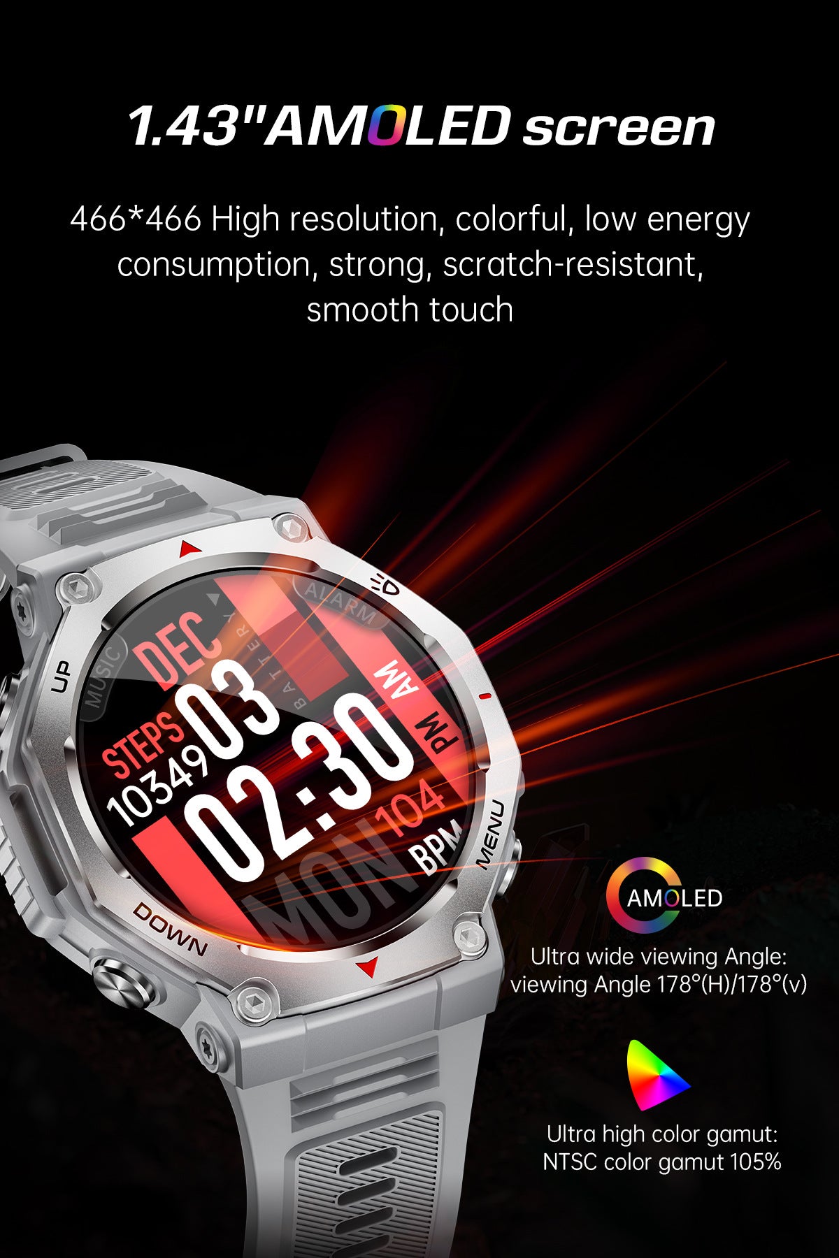 Smartwatch KT85 UV Detection Light Flashlight 525mAh Battery Long Battery Life Outdoor Sports