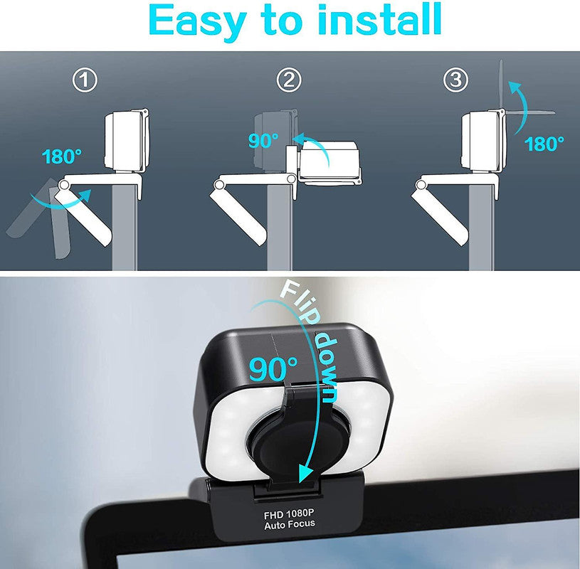 1080P Webcam, Ring Light, Microphone, Privacy Cover, Tripod (Black) - Chronus