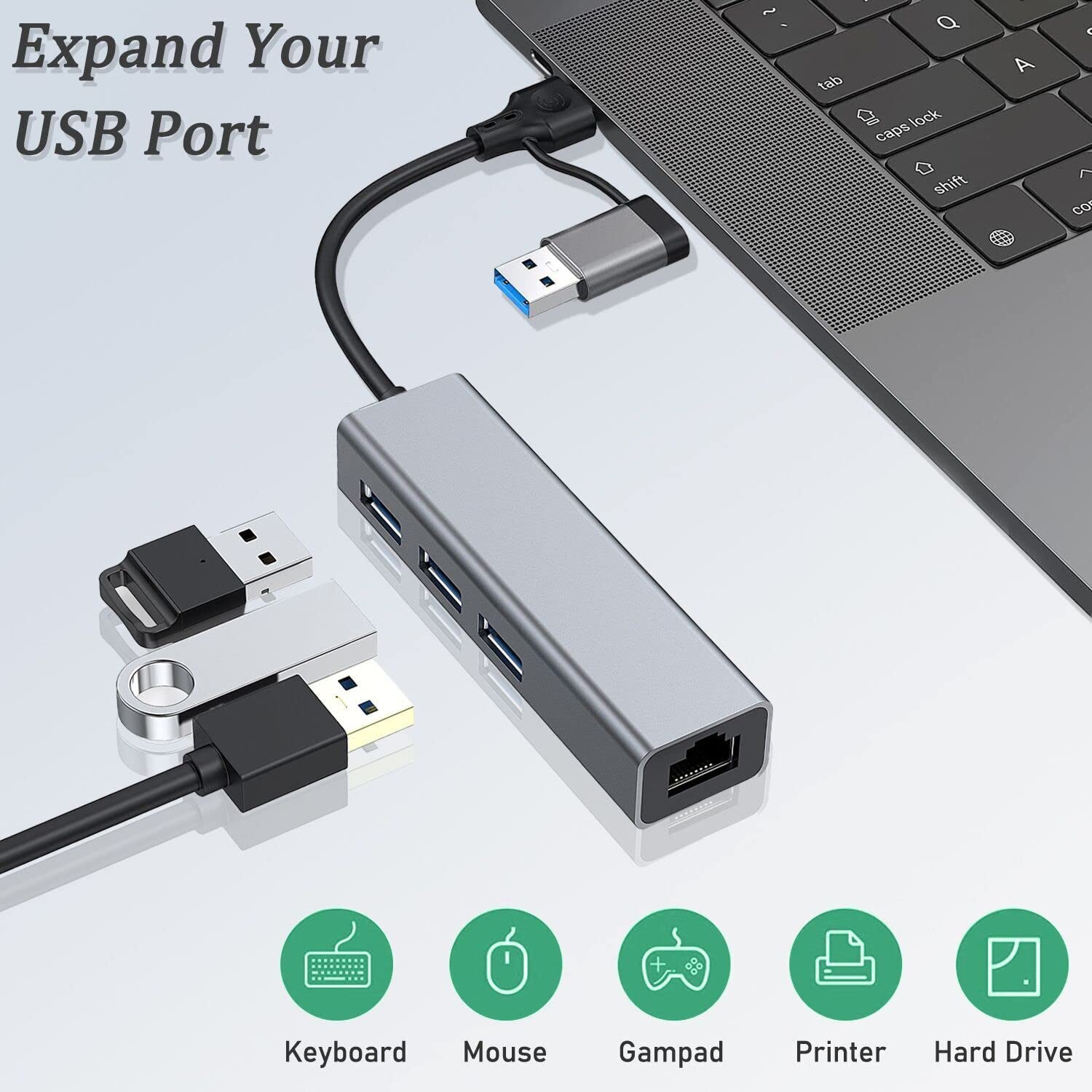 USB to Ethernet Adapter, USB 3.0 Hub with 1 Gigabit RJ45 Ethernet Port Network USB Network Adapter with USB C Adapter for Laptop(Gray) - Chronus