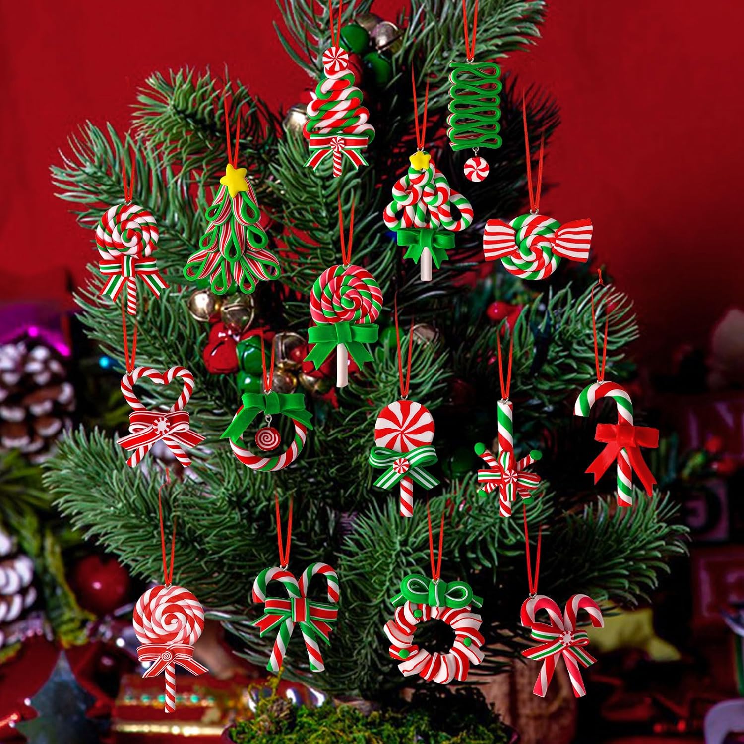 16Pcs Christmas Lollipop Ornaments, Colorful Mini Candy Cane Hanging Ornaments Polymer Clay Peppermint Pendants for Xmas Tree Party Home Decorations(Various colors) - Chronus