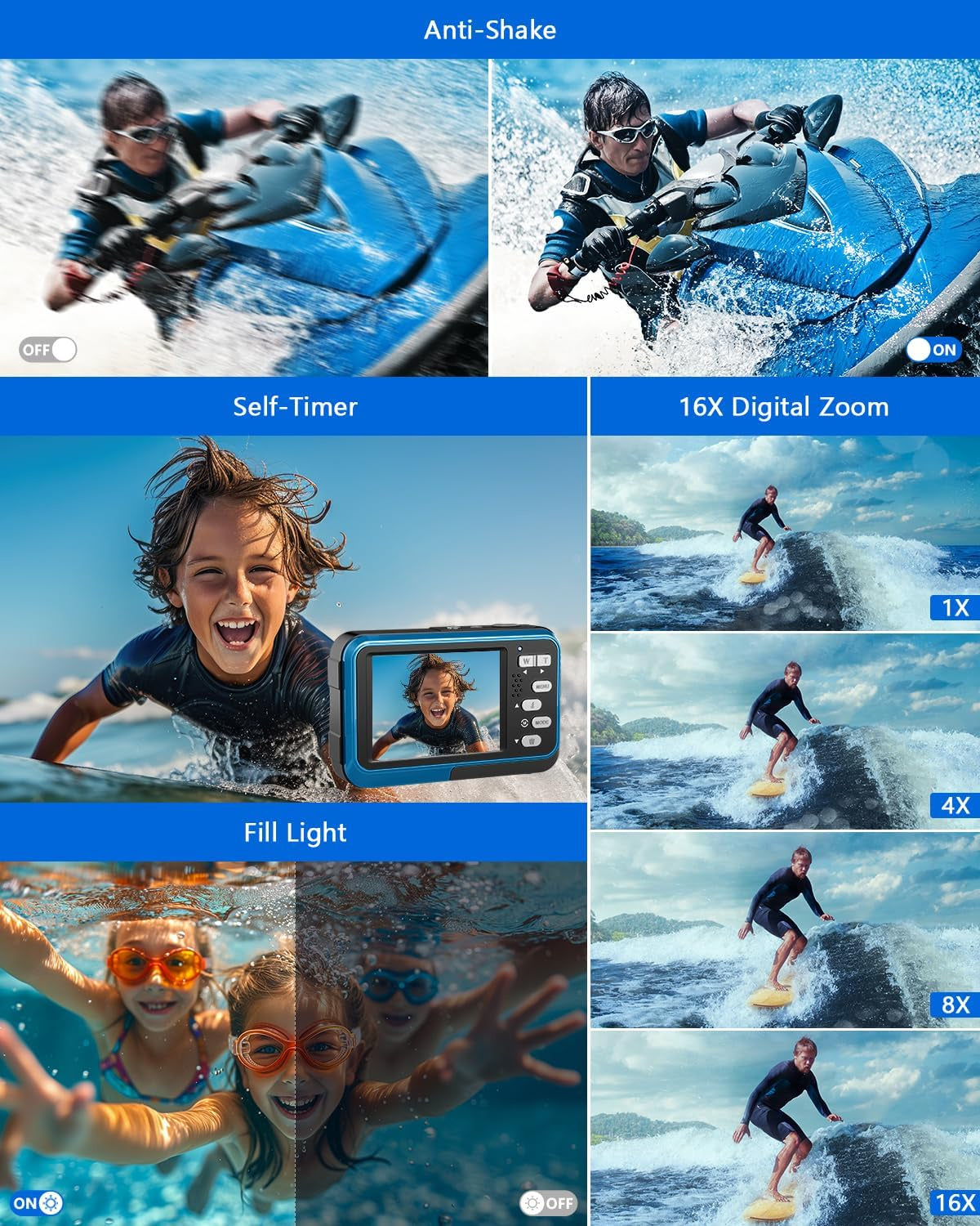Underwater Camera, 4K Waterproof Camera, 48MP Autofocus Selfie Dual Screens, 11FT Waterproof Camera for Snorkeling, Compact Portable Digital Camera, 2 Batteries - Chronus
