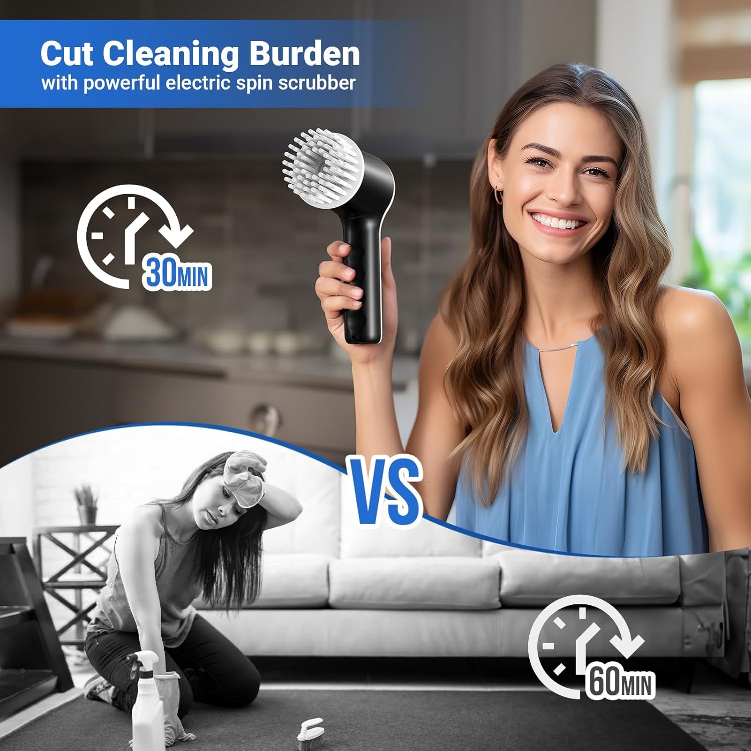 Electric Spin Scrubber, Battery Level Display 2 Speeds Electric Scrubber for Cleaning with 6 Replaceable Heads - Chronus