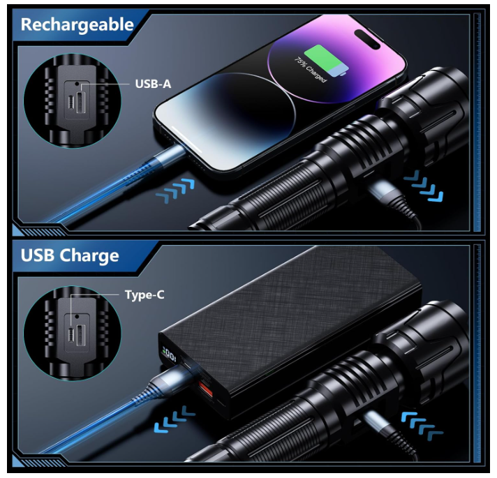 Rechargeable Flashlights High Lumens 90000LM Super Bright Flashlight Zoomable Waterproof Handheld Flashlights for Emergencies (Black) - Chronus