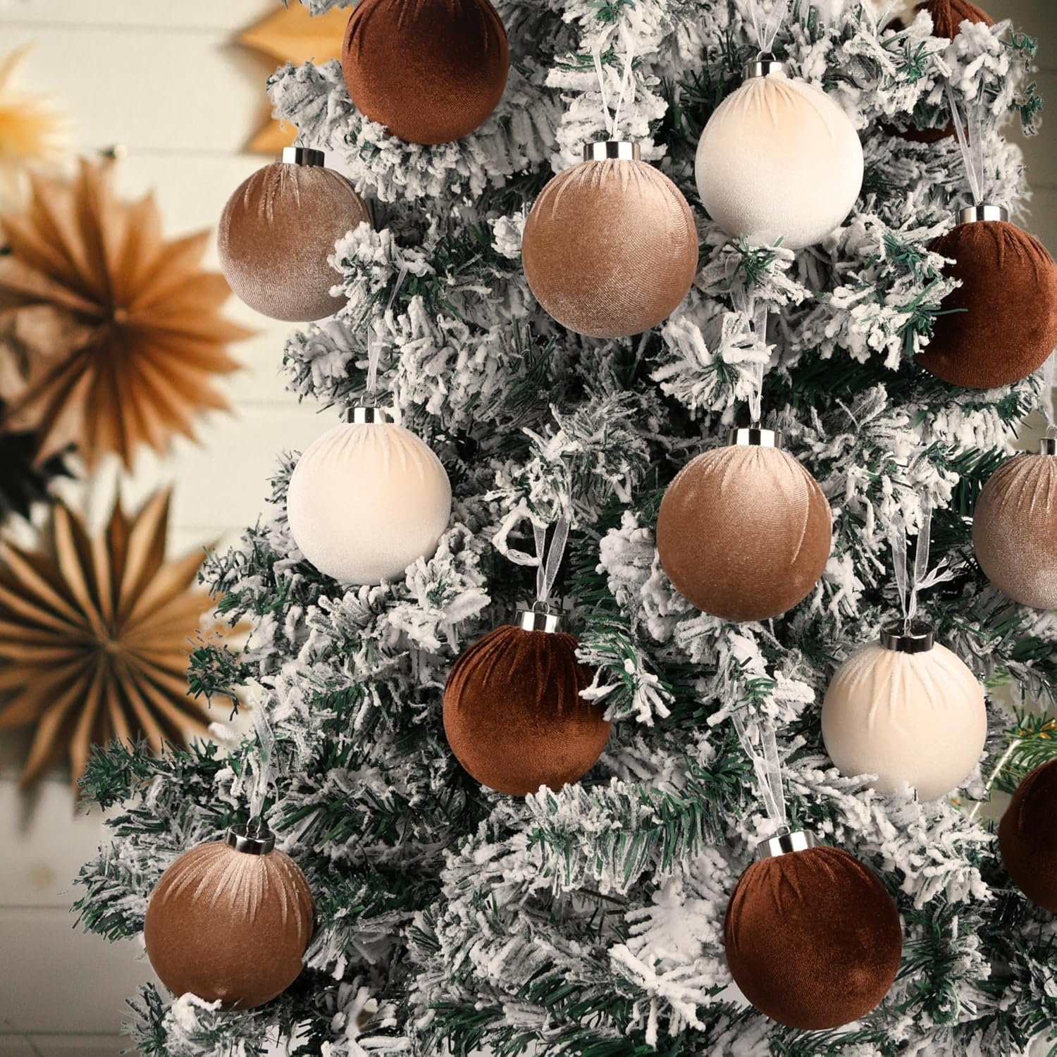 Brown Velvet Christmas Tree Ornaments - 15pcs Shatterproof Christmas Balls for Xmas Trees Decorations - Multicolor Brown Neutral Beige, 80mm 3.15inch - Chronus