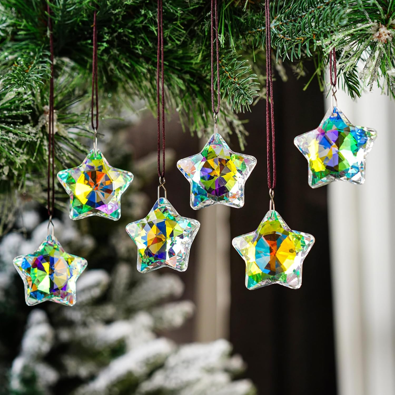 Set of 6 Crystal Stars Ornaments 1.8" Star Prisms Xmas Tree Decorations Crystal Hanging Ornament for Wedding Party Home Decor (AB Color) - Chronus