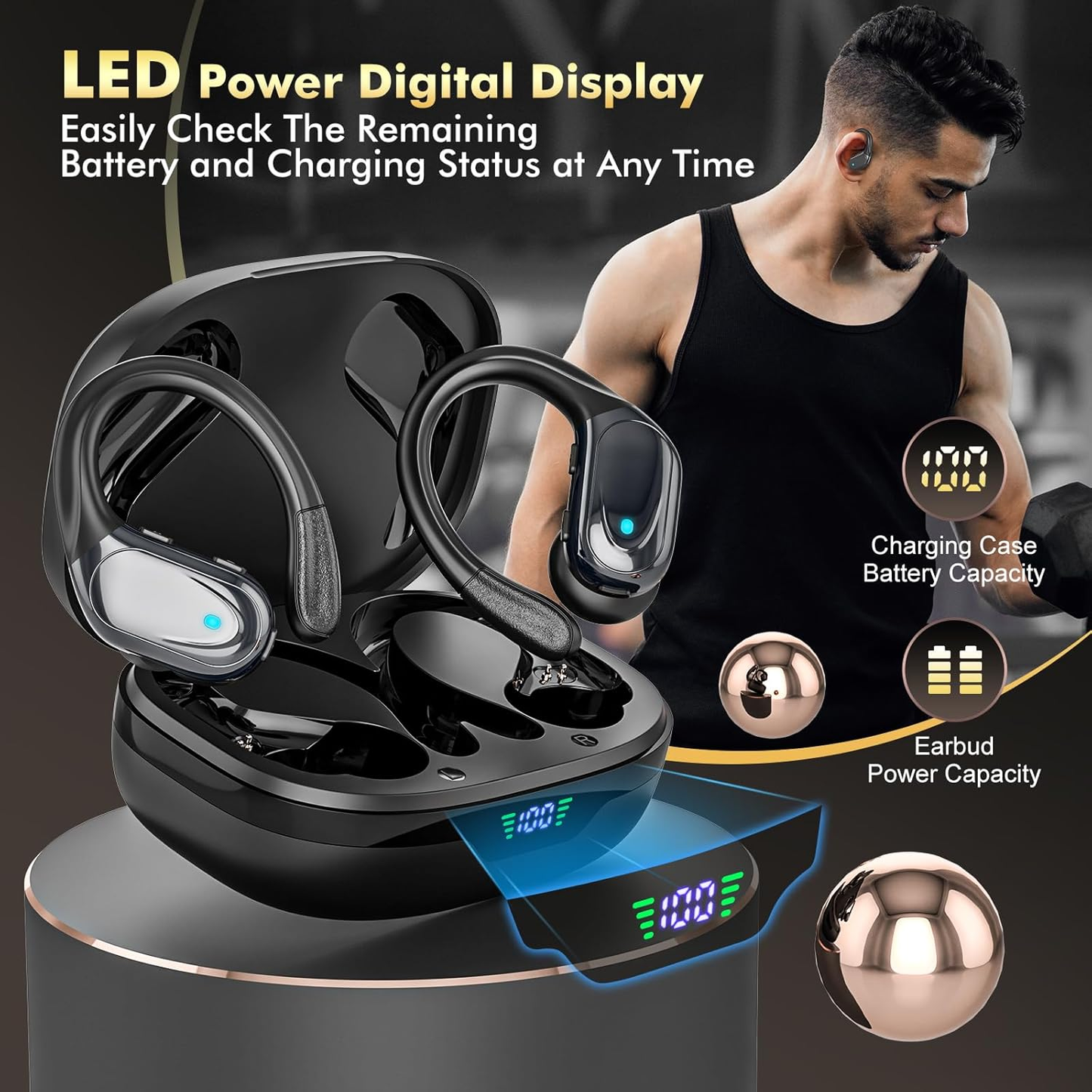 Wireless Earbuds Bluetooth Headphones 80hrs Playback Ear Buds Power Display with Noise Canceling Mic with Ear Hooks for Sports/Workout/Running