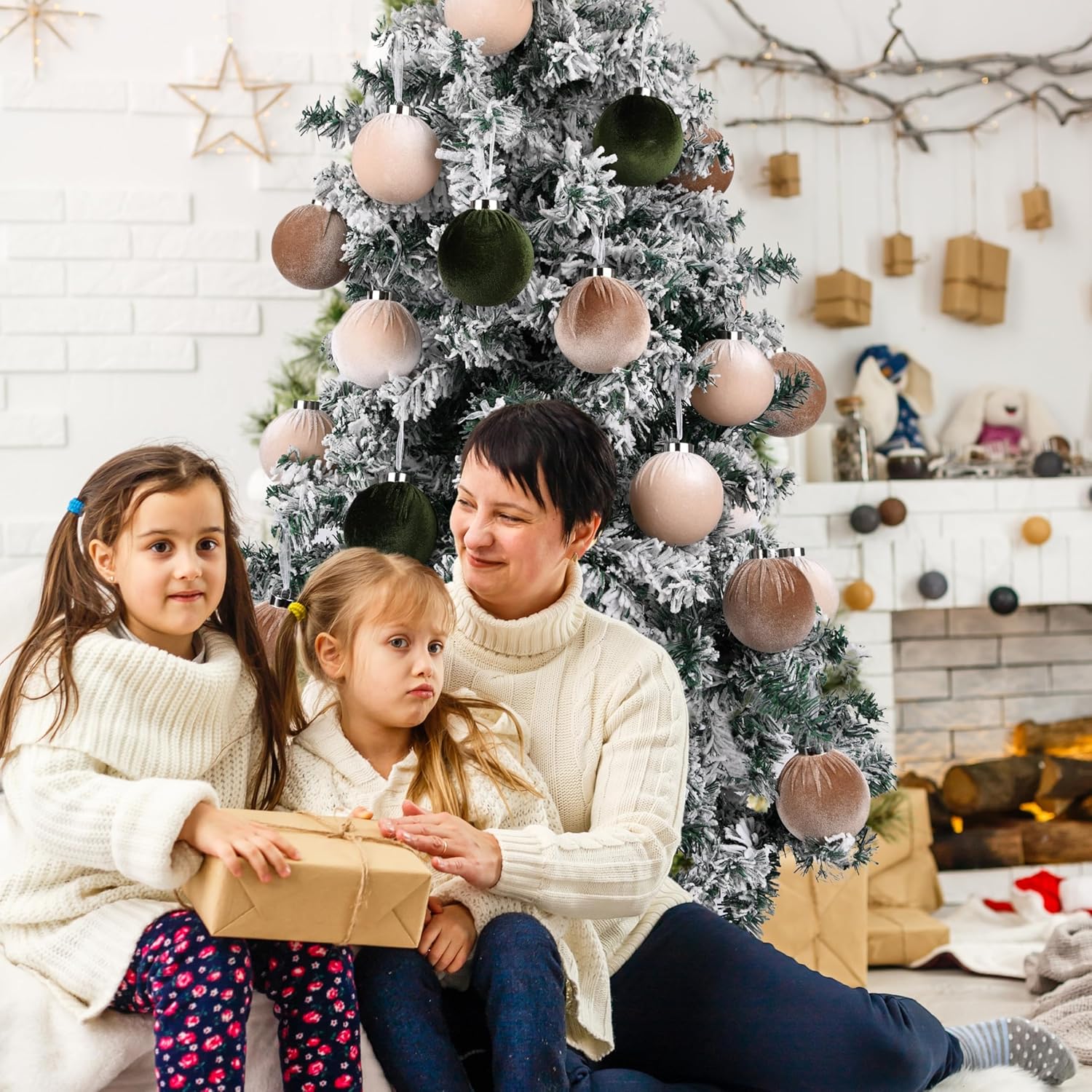 Christmas Tree Ornaments Velvet Balls - Pack of 15pcs Shatterproof Xmas Bulbs Decorations Set - Multicolor Green Brown Neutral, 80mm 3.15 inch - Chronus