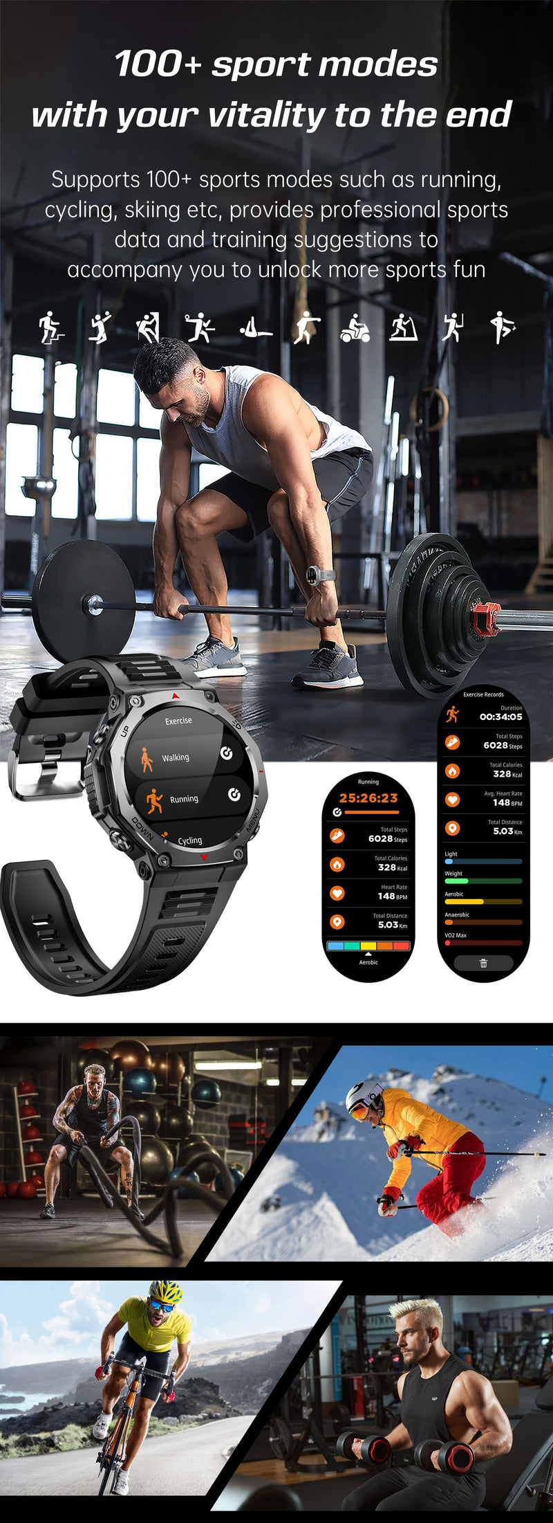 Smartwatch KT85 UV Detection Light Flashlight 525mAh Battery Long Battery Life Outdoor Sports