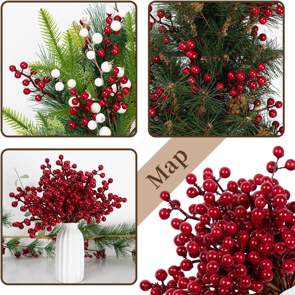 32 Pack Christmas Tree Decorations, Artificial Red Berry Stems 6.5 Inch Christmas Berry Picks with Holly Berries for Xmas Winter Holiday Home DIY Ornaments - Chronus