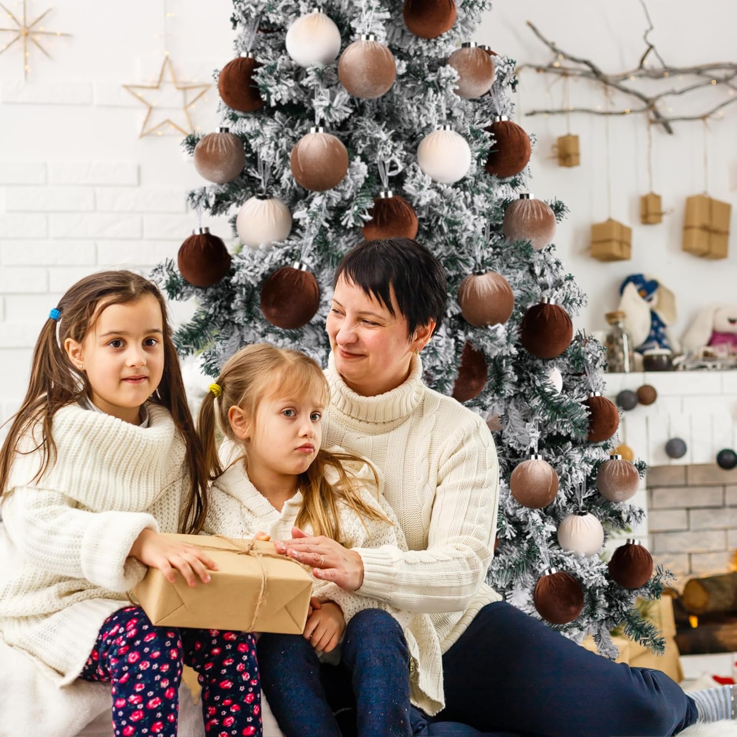 Brown Velvet Christmas Tree Ornaments - 15pcs Shatterproof Christmas Balls for Xmas Trees Decorations - Multicolor Brown Neutral Beige, 80mm 3.15inch - Chronus