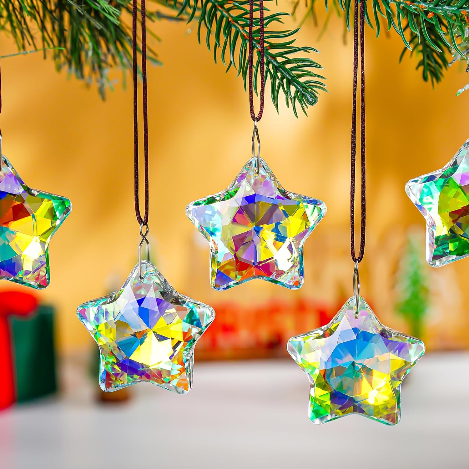 Set of 6 Crystal Stars Ornaments 1.8" Star Prisms Xmas Tree Decorations Crystal Hanging Ornament for Wedding Party Home Decor (AB Color) - Chronus