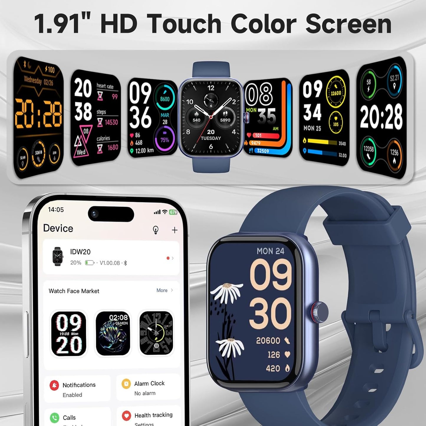 Smart Watch, Alexa Built-in, Answer/Make Calls, 1.91" HD Screen Fitness, IP68 Waterproof, 100 Sports, Heart Rate Monitor, Sleep Tracker,Blue