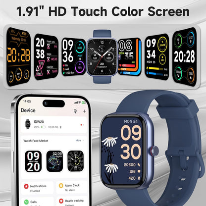 Smart Watch, Alexa Built-in, Answer/Make Calls, 1.91" HD Screen Fitness, IP68 Waterproof, 100 Sports, Heart Rate Monitor, Sleep Tracker,Blue
