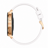 Side view of Chronus I50 women's smartwatch showing slim gold case buttons and white silicone strap