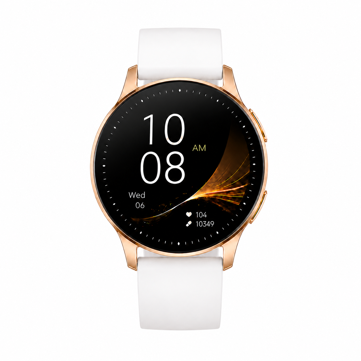 Front view of Chronus I50 women's smartwatch with round display gold case and white silicone strap