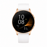 Front view of Chronus I50 women's smartwatch with round display gold case and white silicone strap