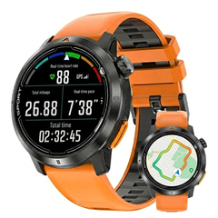 Orange smartwatch with black display on a white background