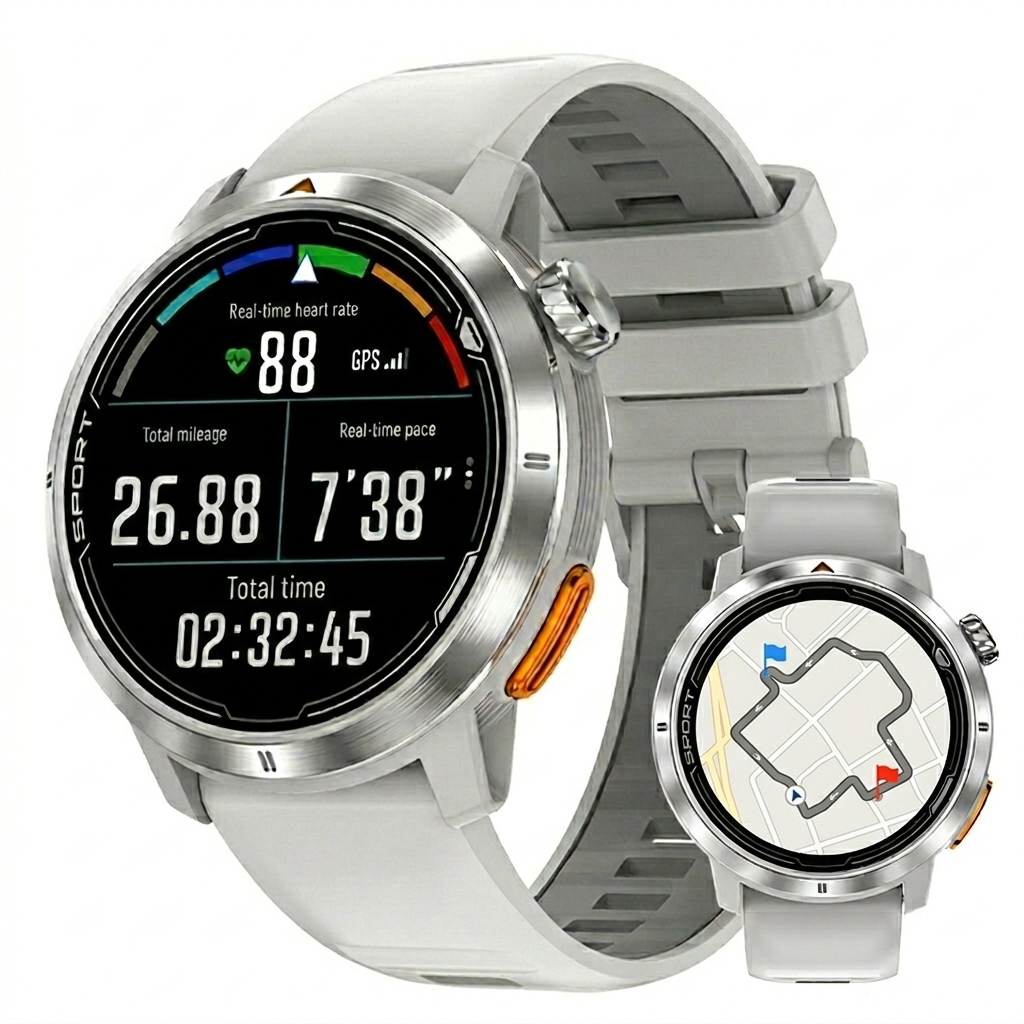 Smartwatch with digital display and map interface on a white background